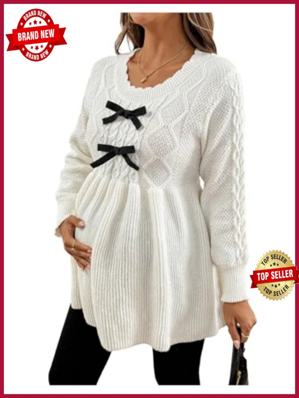 Maternity Sweater Bow Crew Neck Ruffle Long Sleeve Pullover Acrylic